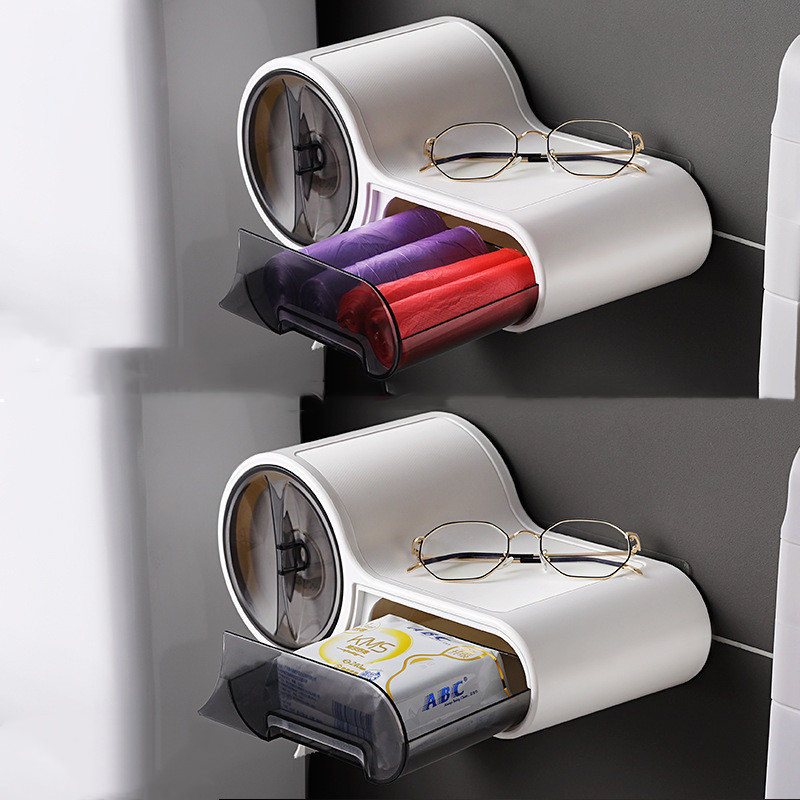 Daudzfunkcionāls radošais tualetes rullīšu papīra turētājs pie sienas stiprināms 2 joslu atvilktne Glabāšanas atkritumu maiss Glabāšana Vannas istabas audu organizators