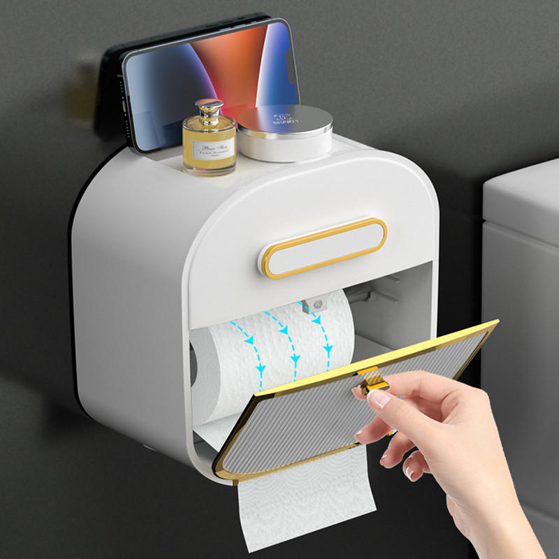 Daudzfunkcionāla atvilktne Tualetes papīra kastīte Pie sienas stiprināms ūdensnecaurlaidīgs rullopapīra turētājs augšējais glabāšanas veids mājas vannas istabas audu organizatora futrālis