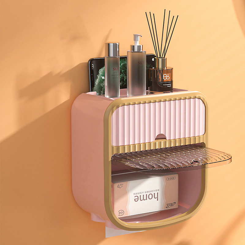 2 slāņu ūdensnecaurlaidīgs tualetes papīra turētājs Pie sienas stiprināms caurspīdīgs atvilktnes glabāšanas augšējais organizators Vannas istabas noņemams salvešu turētājs
