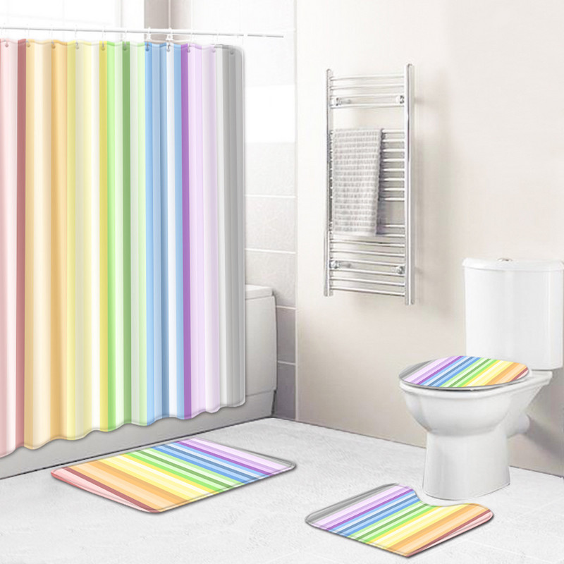 Krāsu svītru apdruka dušas karteīns un vannas istabas paklājs, ventilators vannas paklājiņš, absorbējošs tualetes paklājiņš Neslīdošs kāju paklājiņš vannas istabai