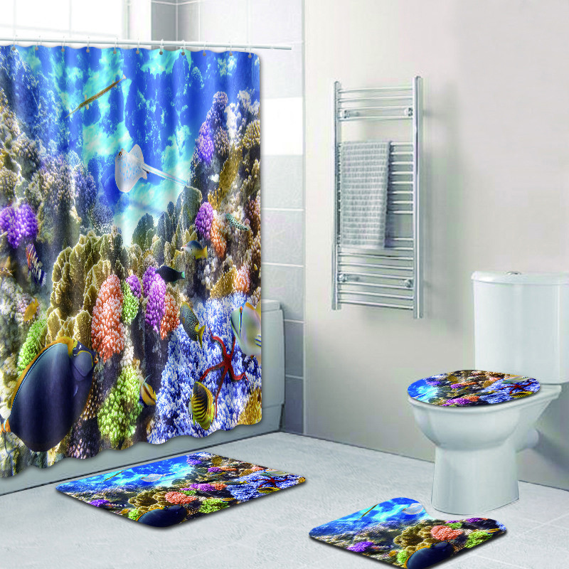 Sea World vannas istabas grīdas paklājiņš Mājas dekors Vannas paklājs Tualetes kāju paliktnis vannas paklājiņš un dušas aizkaru komplekts Vannas istabas paklāju komplekts