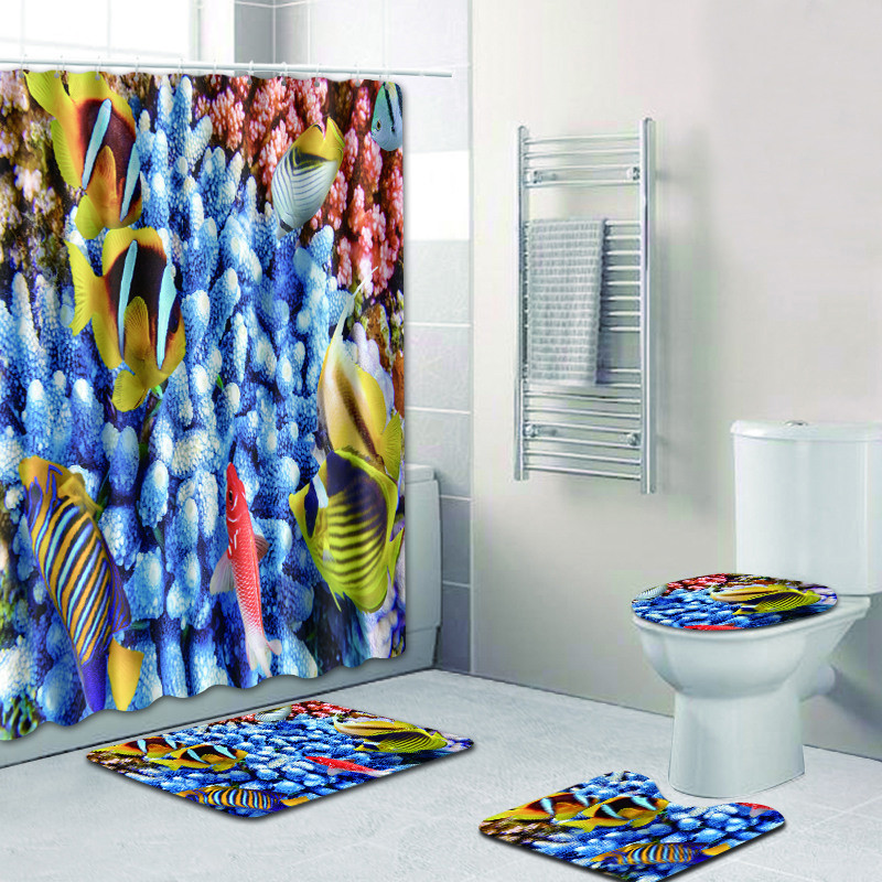 Sea World vannas istabas grīdas paklājiņš Mājas dekors Vannas paklājs Tualetes kāju paliktnis vannas paklājiņš un dušas aizkaru komplekts Vannas istabas paklāju komplekts