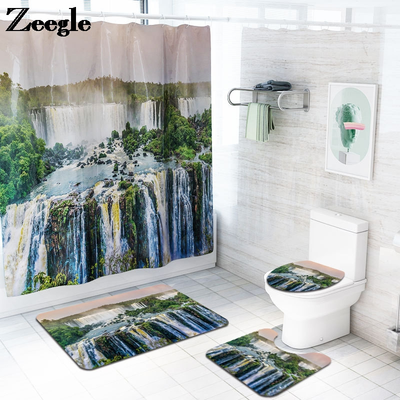Vannas istabas vannas paklājs dušas aizkaru komplekts Absorbējoši Memory Foam tualetes paklāji ar ūdensnecaurlaidīgu dušas aizkaru un āķiem vannas istabas paklāju
