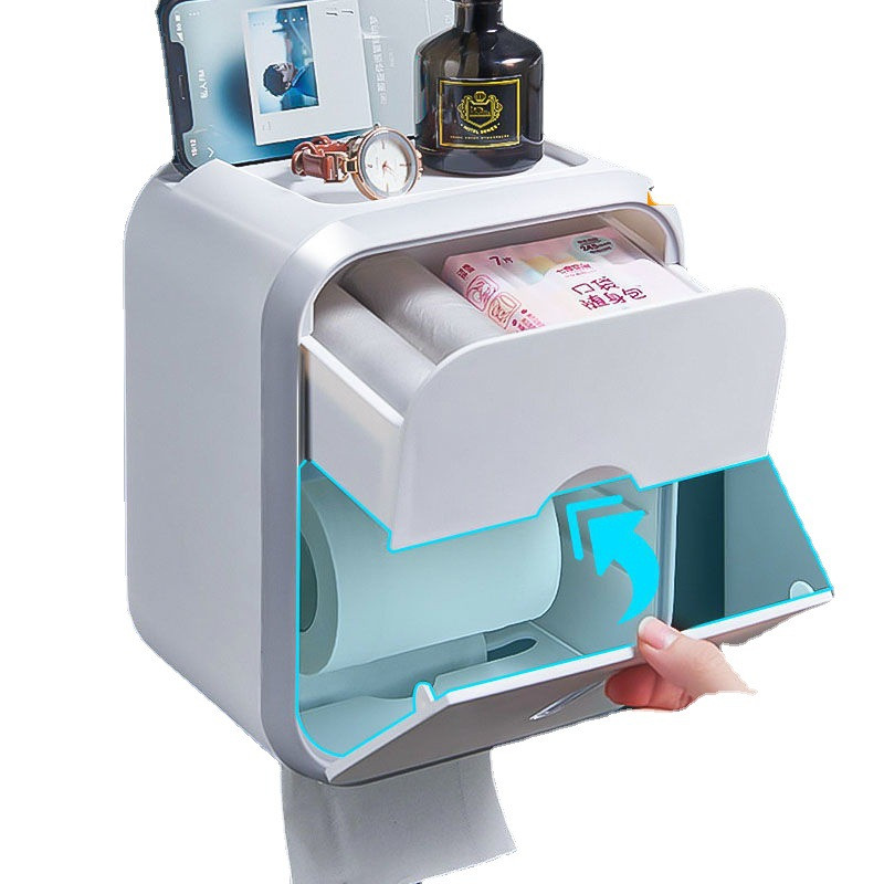 Daudzfunkcionāla pie sienas stiprināma salvešu kastīte, augšējā glabāšanas mobilā tālruņa turētājs Ūdensnecaurlaidīgs atvilktņu organizators Vannas istabas tualetes rullīšu papīra kaste