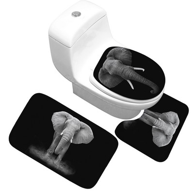 3PCS Navlaka za WC sjedalo s uzorkom slonova Prostirka za kupaonicu Upijajuća neklizajuća kupaonska prostirka Set prostirki za kupaonicu Flanelske podne prostirke za kupaonicu