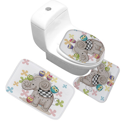 3PCS Navlaka za WC sjedalo s uzorkom slonova Prostirka za kupaonicu Upijajuća neklizajuća kupaonska prostirka Set prostirki za kupaonicu Flanelske podne prostirke za kupaonicu