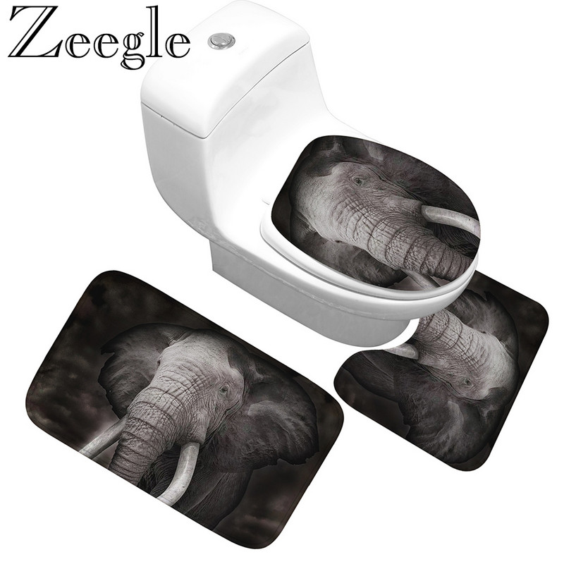 3PCS Navlaka za WC sjedalo s uzorkom slonova Prostirka za kupaonicu Upijajuća neklizajuća kupaonska prostirka Set prostirki za kupaonicu Flanelske podne prostirke za kupaonicu