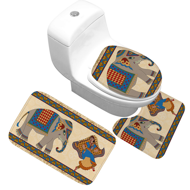 3PCS Navlaka za WC sjedalo s uzorkom slonova Prostirka za kupaonicu Upijajuća neklizajuća kupaonska prostirka Set prostirki za kupaonicu Flanelske podne prostirke za kupaonicu