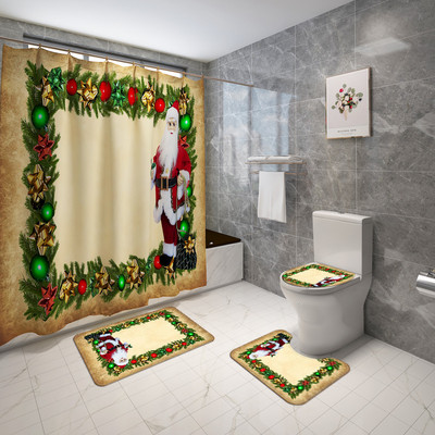 Ziemassvētku stila vannas paklājs un ūdensnecaurlaidīgs dušas aizkaru komplekts vannas istabas dekorēšanai tualetes paklājs, neslīdošs grīdas paklājs vannas istabas paklājam
