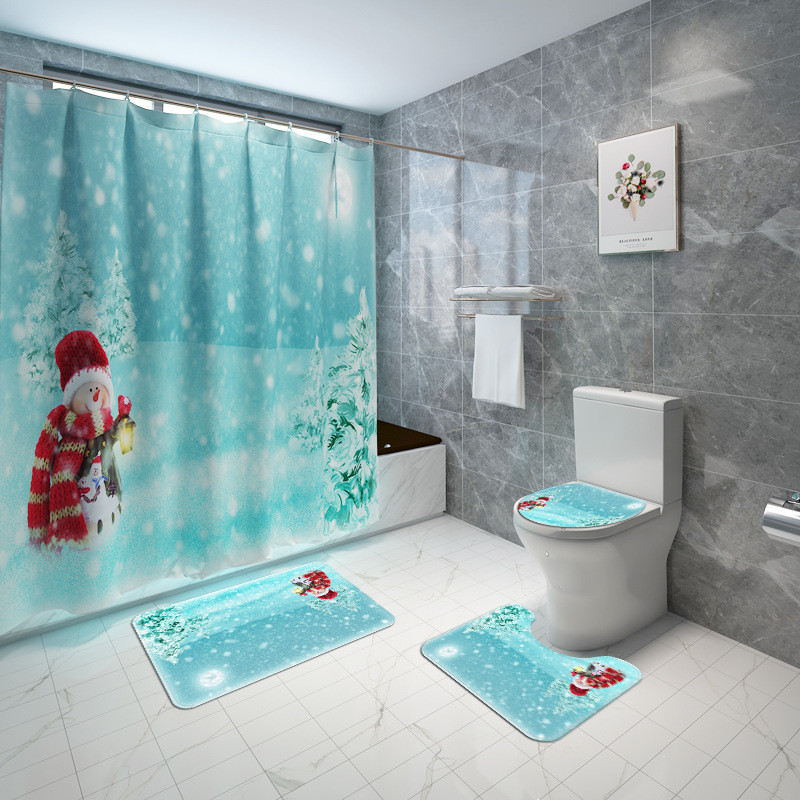 Ziemassvētku stila vannas paklājs un ūdensnecaurlaidīgs dušas aizkaru komplekts vannas istabas dekorēšanai tualetes paklājs, neslīdošs grīdas paklājs vannas istabas paklājam