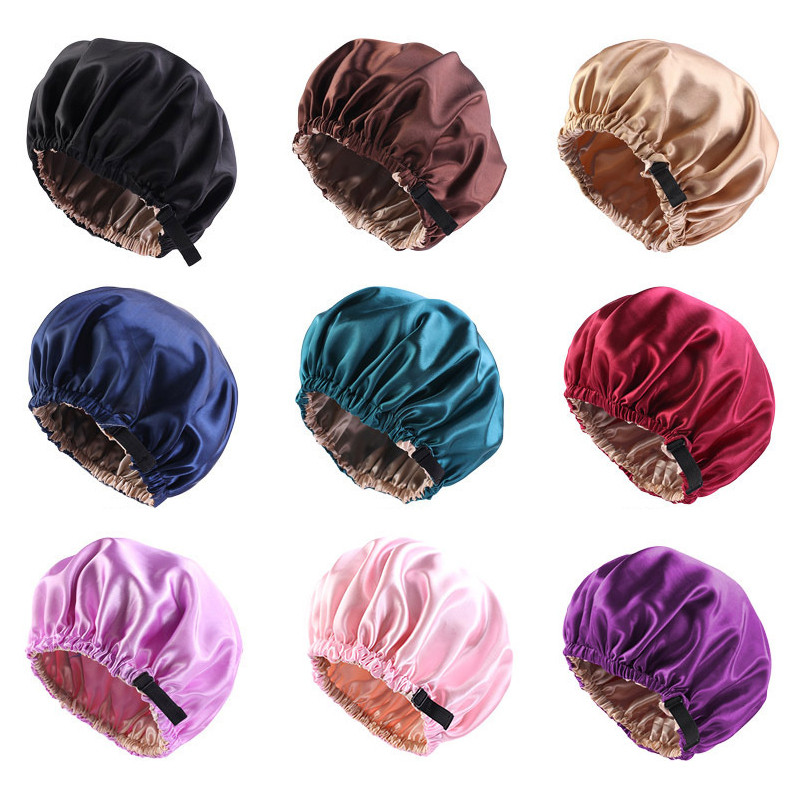 Jauna zīdaina satīna pārsega matu cepure divslāņu miega nakts cepure ar neredzamu plakanu regulēšanas pogu Galvas vāka pārsega cepure