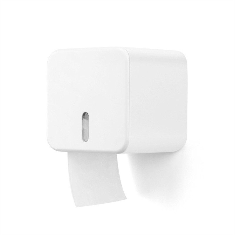 Prie sienos montuojamas balto tualetinio popieriaus laikiklis, didelės talpos servetėlių dėžutė, matomas langas, stumdomas jungiklis vonios kambario tualetinio popieriaus laikymo dėklas