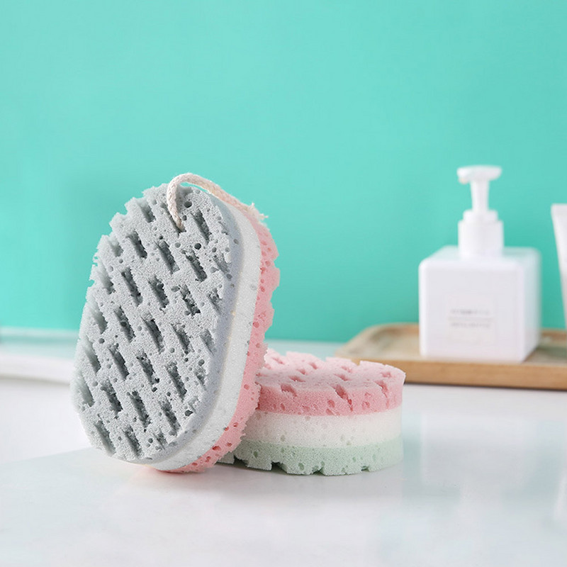 Trīskrāsu sūkļa vannas bumba, mīksta dušas berze Augstas kvalitātes ātri putojoša masāžas birste visa ķermeņa pīlingam vannas aksesuārs