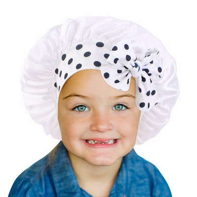 Детска сатенена едноцветна шапка за спане Нощна шапка за сън Еластична щампа за грижа за косата Шапка с лък с дълга опашка Шапка за душ Шапка с боне Тюрбан Шапка
