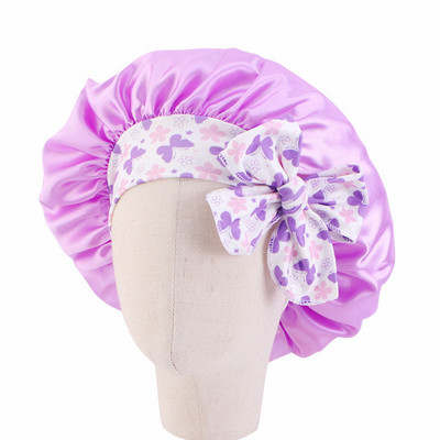 Vaikų satino vienspalvė miegamoji kepurė naktinė miego kepurė Elastinė plaukų priežiūros spauda ilga uodega Bow Cap Dušo kepuraitė Bonnet Turban galvos apdangalai