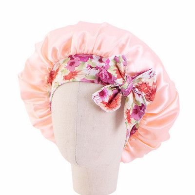 Vaikų satino vienspalvė miegamoji kepurė naktinė miego kepurė Elastinė plaukų priežiūros spauda ilga uodega Bow Cap Dušo kepuraitė Bonnet Turban galvos apdangalai