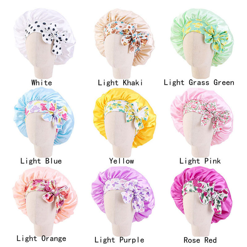 Vaikų satino vienspalvė miegamoji kepurė naktinė miego kepurė Elastinė plaukų priežiūros spauda ilga uodega Bow Cap Dušo kepuraitė Bonnet Turban galvos apdangalai