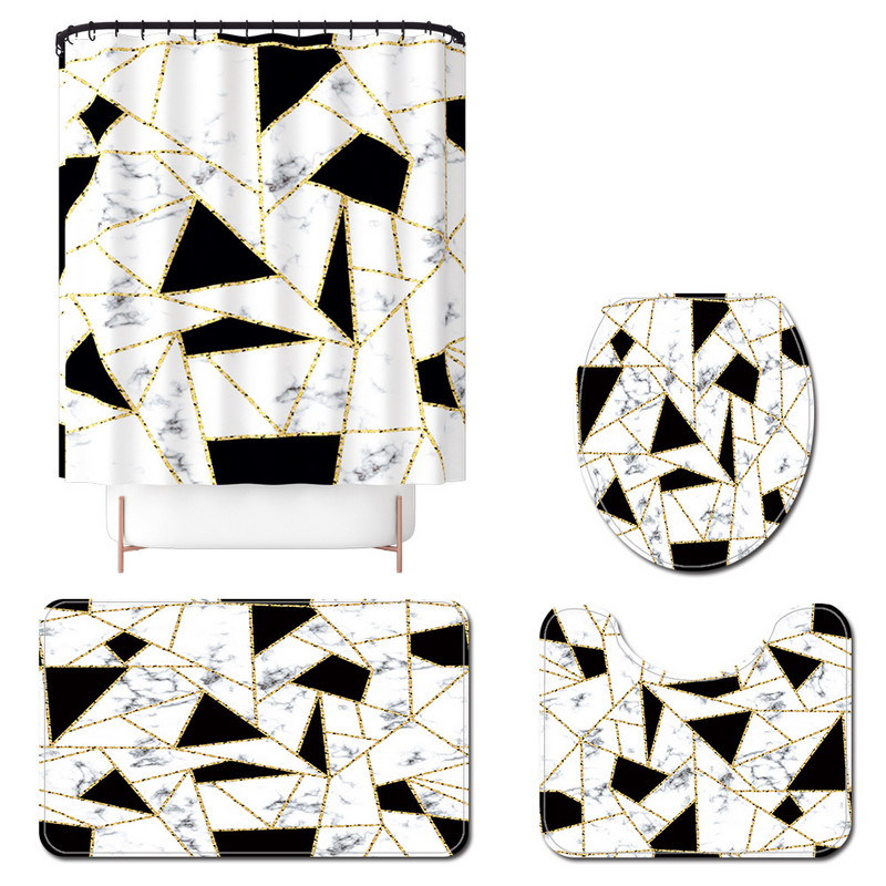 Zeegle marmora vannas paklājiņš ar dušas aizkaru komplektu, apdrukāts poliestera vannas istabas aizkaru tualetes U-veida kāju paklāji vannas istabas paklāju komplekts