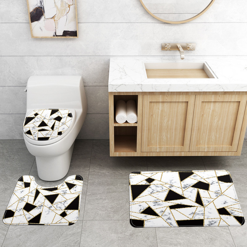 Zeegle marmora vannas paklājiņš ar dušas aizkaru komplektu, apdrukāts poliestera vannas istabas aizkaru tualetes U-veida kāju paklāji vannas istabas paklāju komplekts