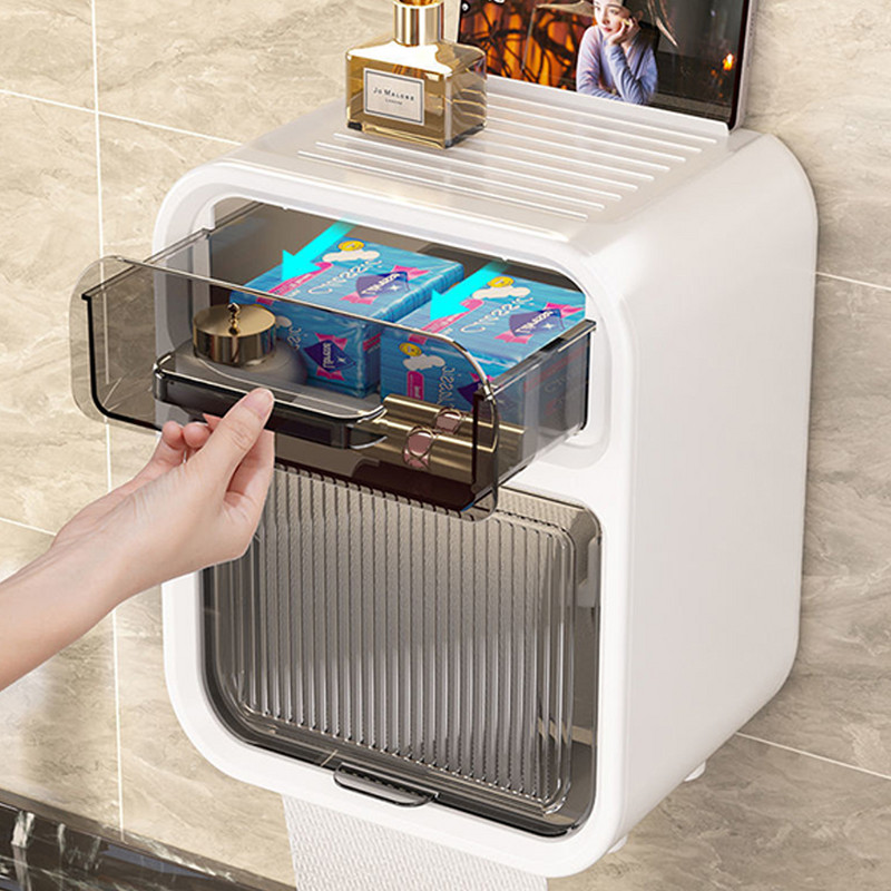 Sienas stiprinājuma tualetes papīra turētāja kaste, plastmasas ūdensnecaurlaidīga rullopapīra uzglabāšanas plaukts virtuves vannas istabas audu organizatora plaukti