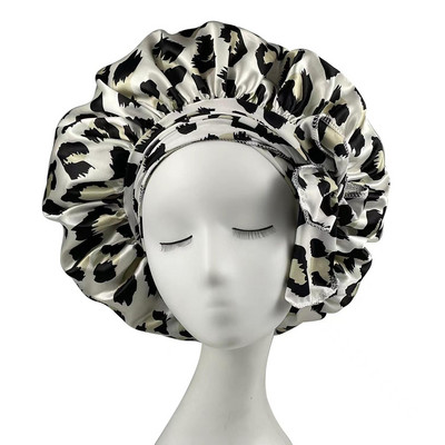 Šilko imitacija, plataus krašto naktinė kepurė leopardo rašto spalva su apvaliu dangteliu dušo kepuraitė kirpyklų gaubtu