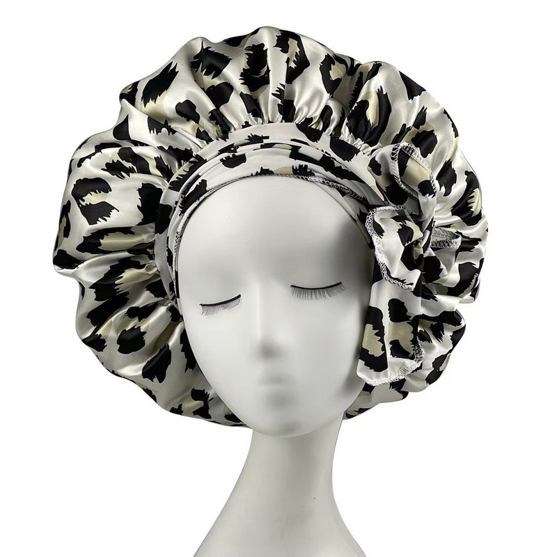 Šilko imitacija, plataus krašto naktinė kepurė leopardo rašto spalva su apvaliu dangteliu dušo kepuraitė kirpyklų gaubtu