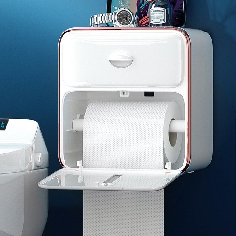 100% ūdensnecaurlaidīgs vannas istabas papīra turētājs, daudzfunkcionāls tualetes salvešu kastīte ar bezatvilktnes caurumojamu plastmasas dozatoru rullīšu papīra stienis