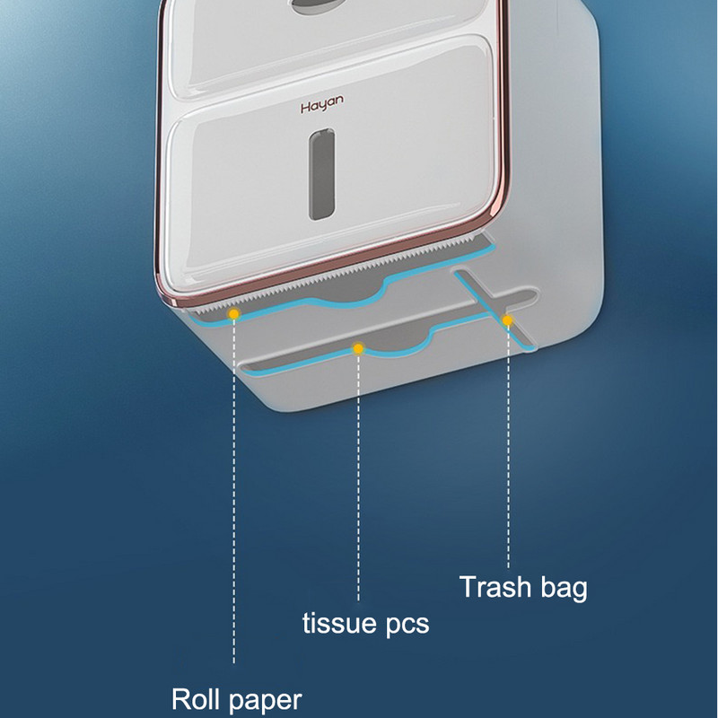100% ūdensnecaurlaidīgs vannas istabas papīra turētājs, daudzfunkcionāls tualetes salvešu kastīte ar bezatvilktnes caurumojamu plastmasas dozatoru rullīšu papīra stienis