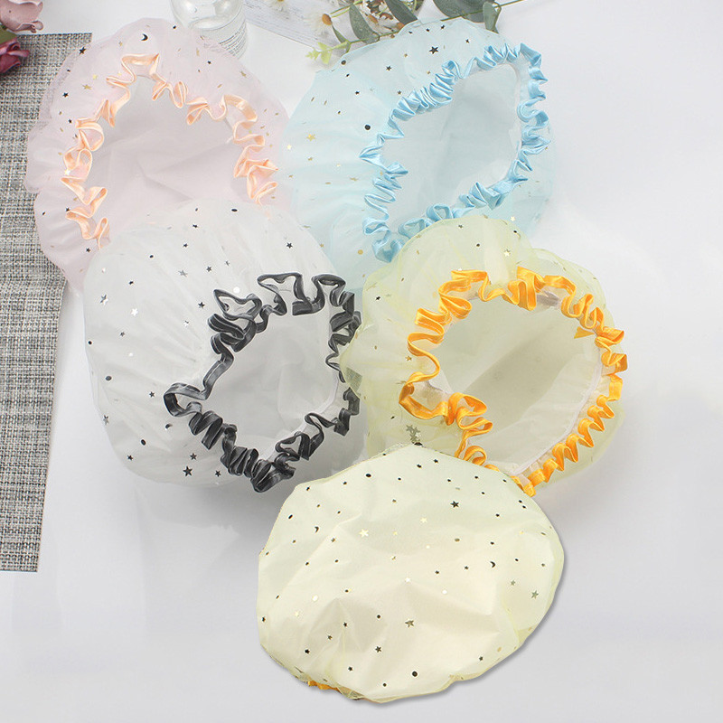 26 cm * 26 cm elastīga lente, biezināti vāciņi Vannas istabas dušas piederumi Ūdensizturīga vannas cepure Divslāņu dušas matu pārklājs sievietēm