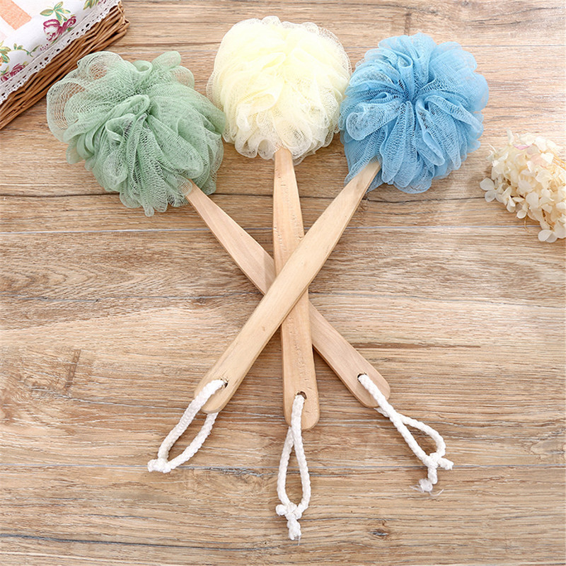 Koka ar garu rokturi mīksta sieta vannas bumbu birstes muguras ķermeņa vannas dušas skruberis pīlinga lufas birstes sūklis ar piekārtu virvi