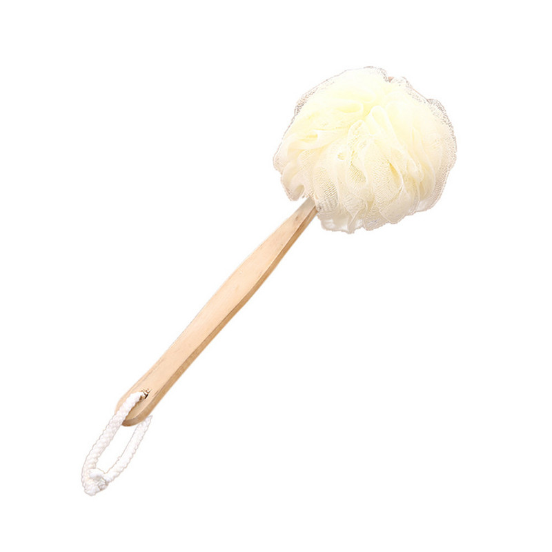 Koka ar garu rokturi mīksta sieta vannas bumbu birstes muguras ķermeņa vannas dušas skruberis pīlinga lufas birstes sūklis ar piekārtu virvi