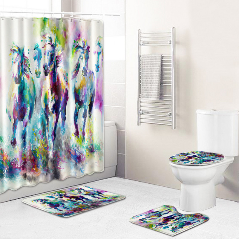 Vannas istabas paklāju paklājs vannas paklājiņš un zirgu apdruka dušas aizkaru komplekts mājas dekors tualetes paklājiņš Memory Foam tualetes sēdekļa pārklāja paklājiņš