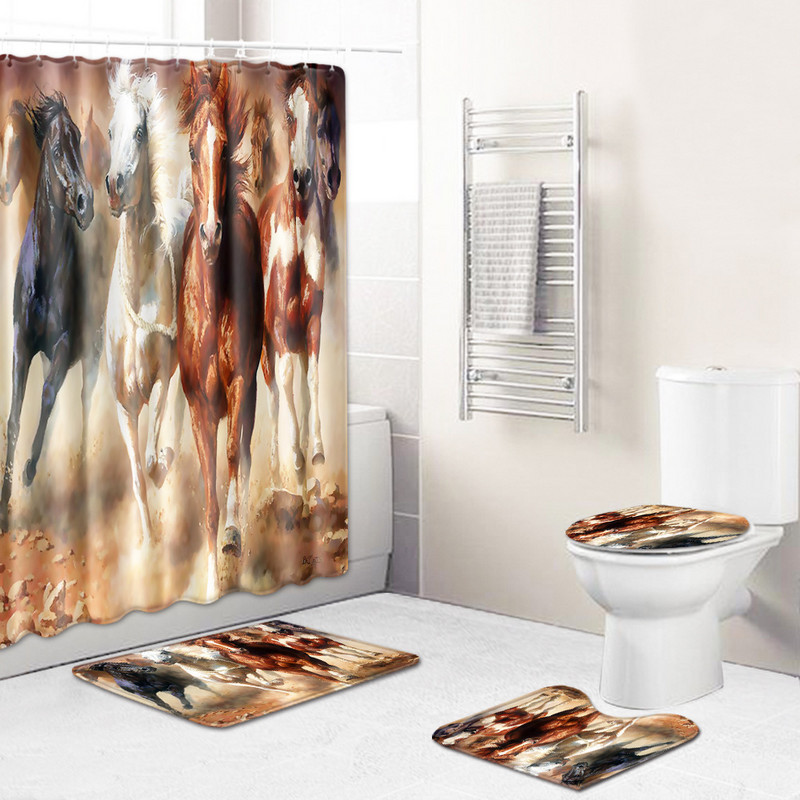 Vannas istabas paklāju paklājs vannas paklājiņš un zirgu apdruka dušas aizkaru komplekts mājas dekors tualetes paklājiņš Memory Foam tualetes sēdekļa pārklāja paklājiņš