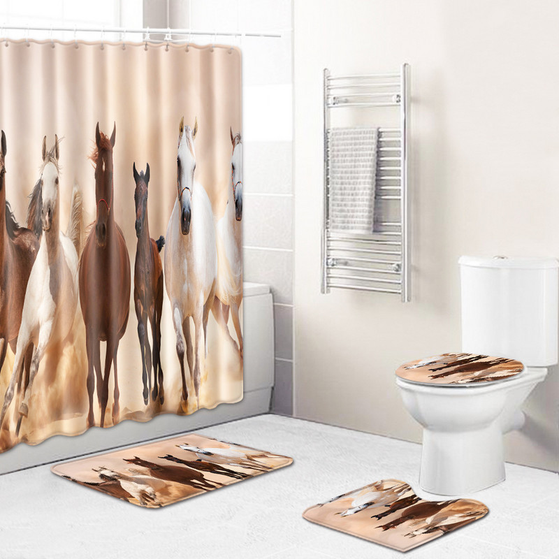 Vannas istabas paklāju paklājs vannas paklājiņš un zirgu apdruka dušas aizkaru komplekts mājas dekors tualetes paklājiņš Memory Foam tualetes sēdekļa pārklāja paklājiņš
