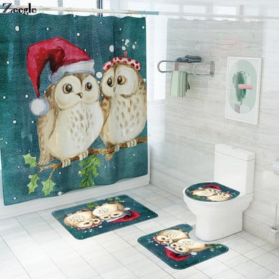 Zeegle Christmas Cartoon Owl Σετ Μοκέτα Μπάνιου Αντιολισθητικό Μοκέτα Μπάνιου Σετ κουρτίνας μπάνιου πολυεστέρα