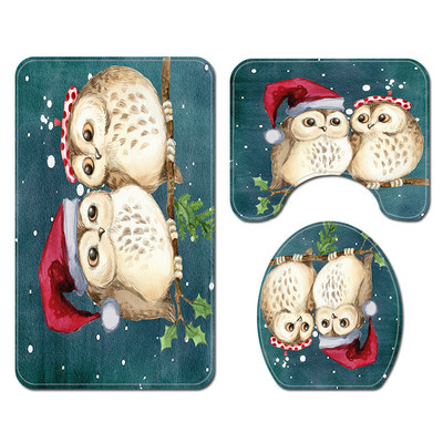 Zeegle Ziemassvētku karikatūra Pūce Apdrukāts vannas istabas paklāju komplekts Pretslīdošs vannasistabas paklājs dušas paklājiņš Poliestera dušas aizkaru komplekts