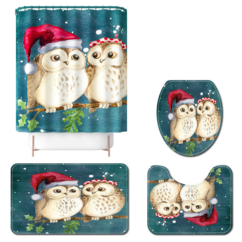 Zeegle Ziemassvētku karikatūra Pūce Apdrukāts vannas istabas paklāju komplekts Pretslīdošs vannasistabas paklājs dušas paklājiņš Poliestera dušas aizkaru komplekts