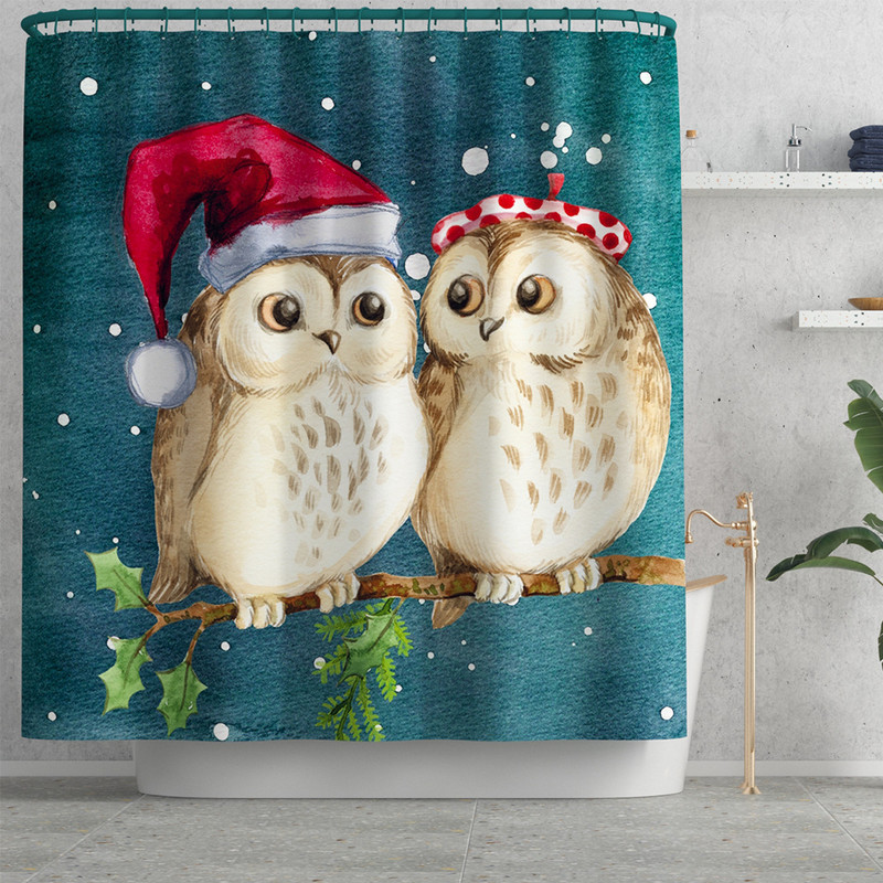Zeegle Ziemassvētku karikatūra Pūce Apdrukāts vannas istabas paklāju komplekts Pretslīdošs vannasistabas paklājs dušas paklājiņš Poliestera dušas aizkaru komplekts