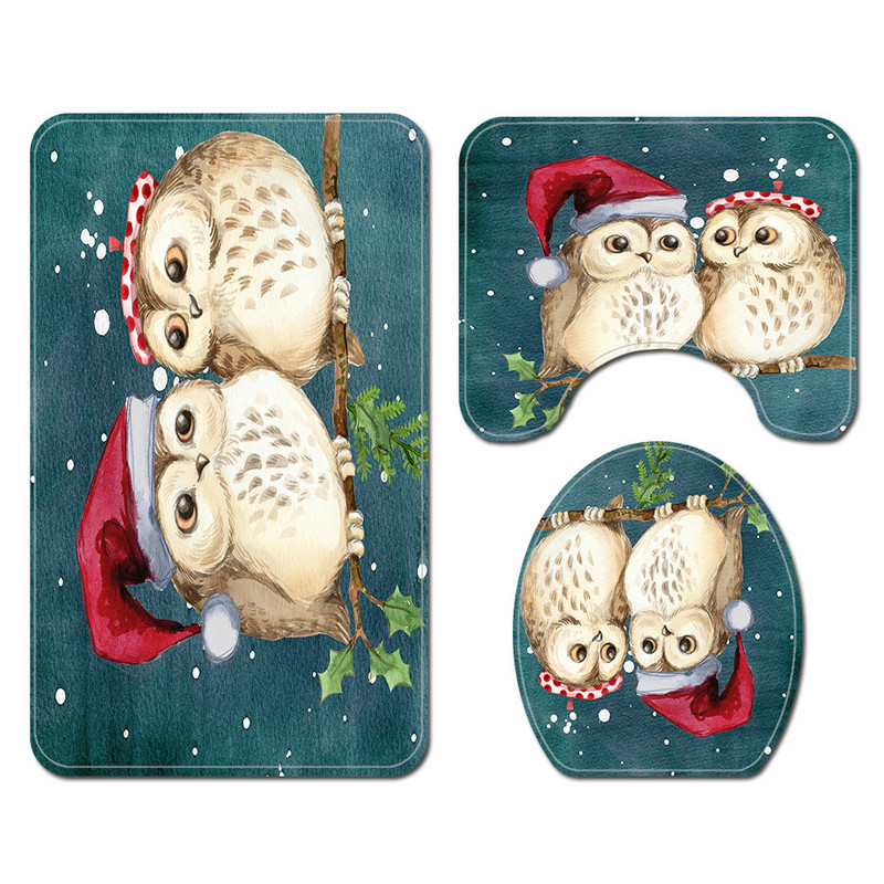 Zeegle Ziemassvētku karikatūra Pūce Apdrukāts vannas istabas paklāju komplekts Pretslīdošs vannasistabas paklājs dušas paklājiņš Poliestera dušas aizkaru komplekts