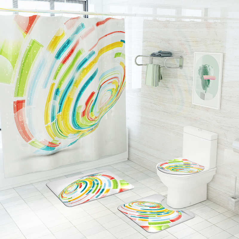 Dzeltenu svītru apdruka Vannas istabas paklāju paklājs vannas paklājiņš un ūdensnecaurlaidīgs dušas aizkaru komplekts flaneļa tualetes paklājiņš Neslīdošs kāju paklājiņa komplekts
