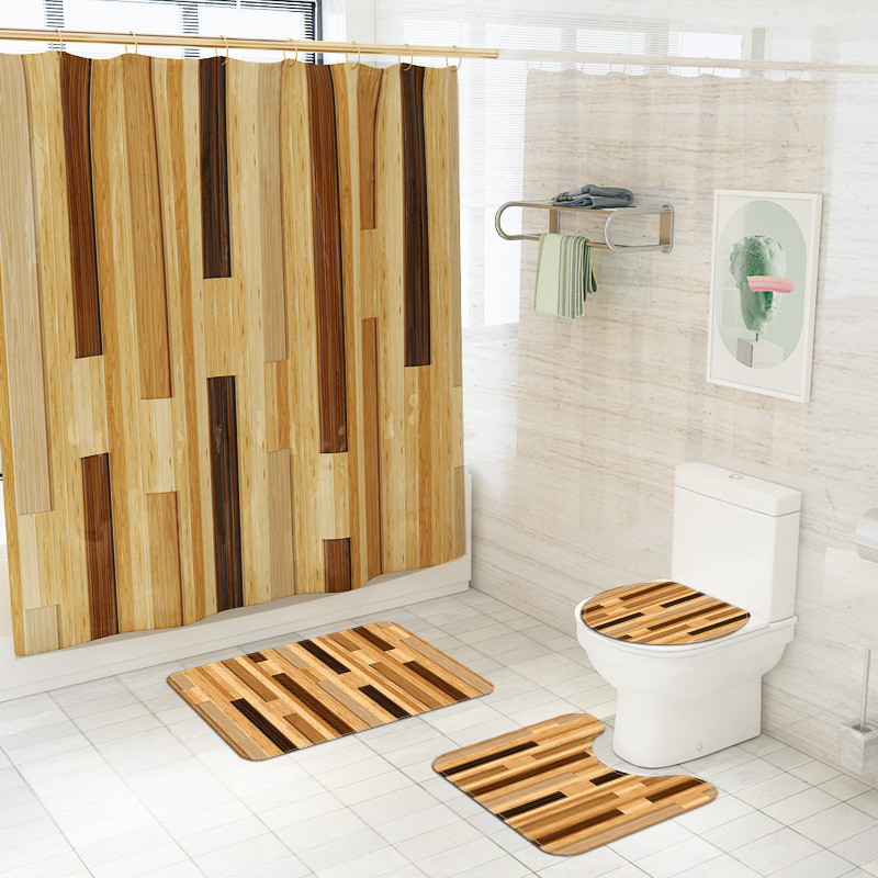 Dzeltenu svītru apdruka Vannas istabas paklāju paklājs vannas paklājiņš un ūdensnecaurlaidīgs dušas aizkaru komplekts flaneļa tualetes paklājiņš Neslīdošs kāju paklājiņa komplekts