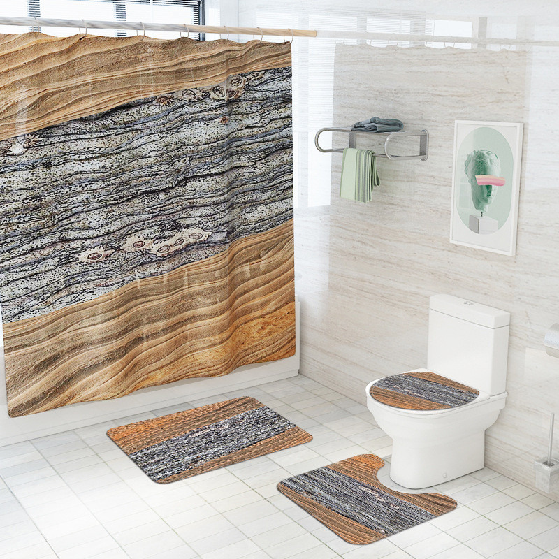 Dzeltenu svītru apdruka Vannas istabas paklāju paklājs vannas paklājiņš un ūdensnecaurlaidīgs dušas aizkaru komplekts flaneļa tualetes paklājiņš Neslīdošs kāju paklājiņa komplekts