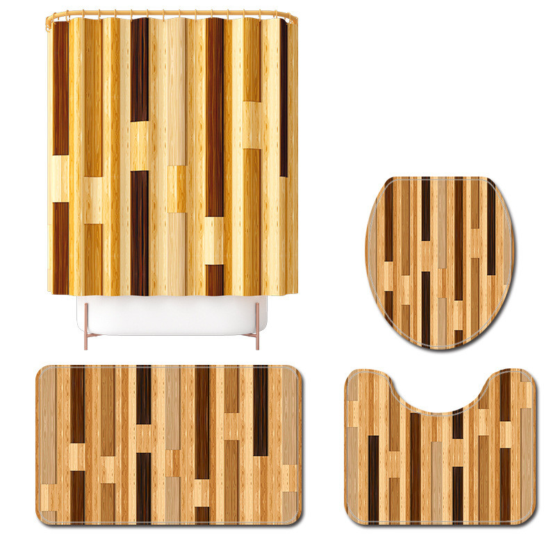 Dzeltenu svītru apdruka Vannas istabas paklāju paklājs vannas paklājiņš un ūdensnecaurlaidīgs dušas aizkaru komplekts flaneļa tualetes paklājiņš Neslīdošs kāju paklājiņa komplekts