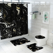 Melna marmora grīdas paklājiņš vannas istabai vannas paklājiņa komplekts Mūsdienīgs mājas dekors Tualetes paklāju komplekts ar dušas aizkaru un nosūcējiem Dušas kāju paliktnis
