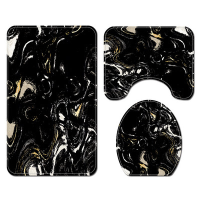 Melna marmora grīdas paklājiņš vannas istabai vannas paklājiņa komplekts Mūsdienīgs mājas dekors Tualetes paklāju komplekts ar dušas aizkaru un nosūcējiem Dušas kāju paliktnis