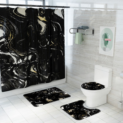 Melna marmora grīdas paklājiņš vannas istabai vannas paklājiņa komplekts Mūsdienīgs mājas dekors Tualetes paklāju komplekts ar dušas aizkaru un nosūcējiem Dušas kāju paliktnis