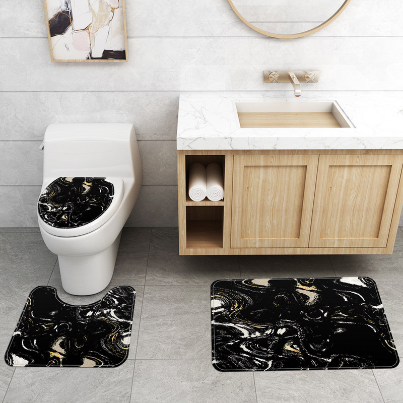 Melna marmora grīdas paklājiņš vannas istabai vannas paklājiņa komplekts Mūsdienīgs mājas dekors Tualetes paklāju komplekts ar dušas aizkaru un nosūcējiem Dušas kāju paliktnis