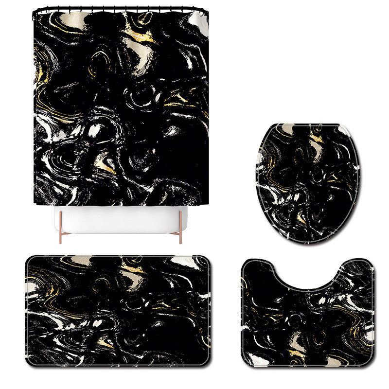 Melna marmora grīdas paklājiņš vannas istabai vannas paklājiņa komplekts Mūsdienīgs mājas dekors Tualetes paklāju komplekts ar dušas aizkaru un nosūcējiem Dušas kāju paliktnis