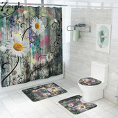 Koka ziedu neslīdošs grīdas paklājs un ūdensnecaurlaidīgs dušas aizkaru komplekts starpsienu aizkaru tualetes paklāja komplekts, absorbējošs kāju paklājiņš