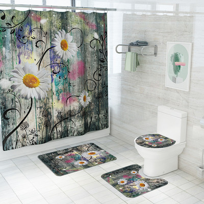 Koka ziedu neslīdošs grīdas paklājs un ūdensnecaurlaidīgs dušas aizkaru komplekts starpsienu aizkaru tualetes paklāja komplekts, absorbējošs kāju paklājiņš